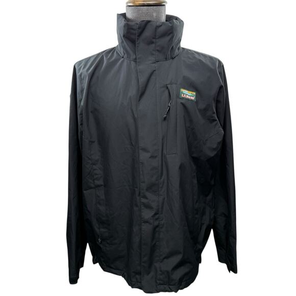LL Bean Hooded Nylon Windbreaker Jacket Men Size Med Black Packable Lightweight - Picture 1 of 8